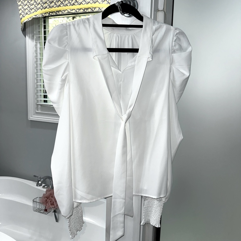 This is puffy sleeves top perfect for work, and headshots.